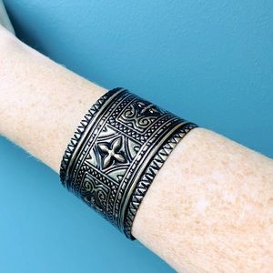 Medieval vintage CUFF wide bracelet Viking gold carved floral metal band black
